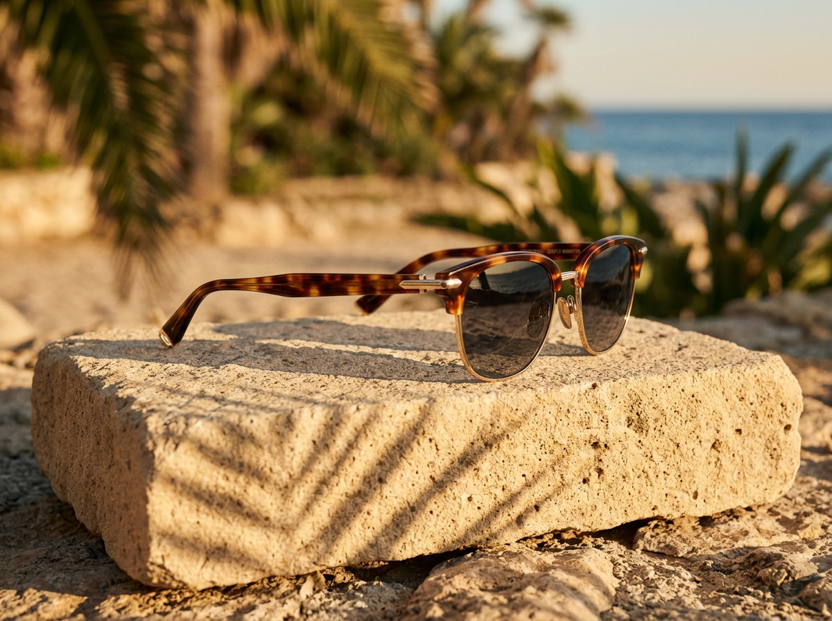Kreoto AI - Handcrafted Tortoiseshell Sunglasses on Mediterranean Sandstone