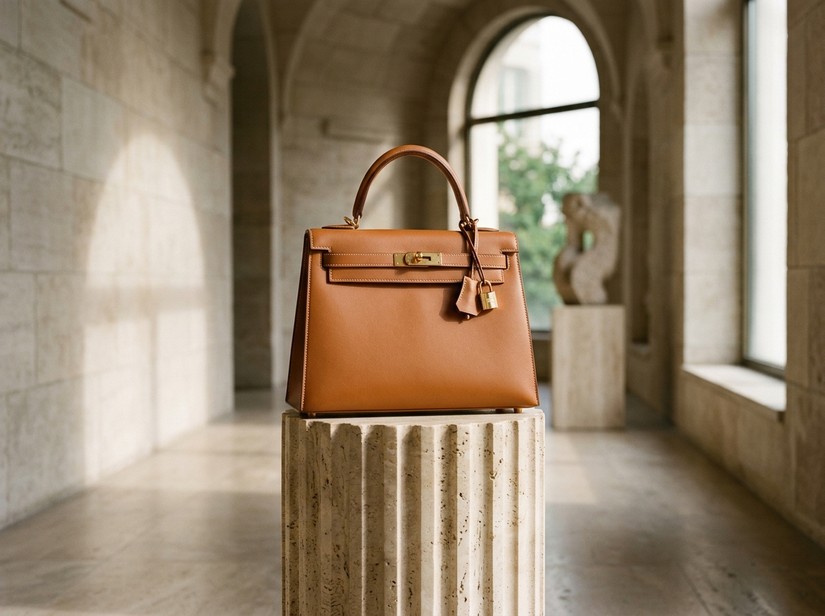 Kreoto AI - Structured Calfskin Leather Handbag on Roman Travertine Pedestal