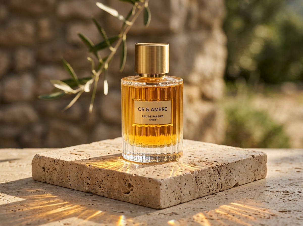 Kreoto AI - Haute French Perfume on Porous Travertine with Golden Caustics