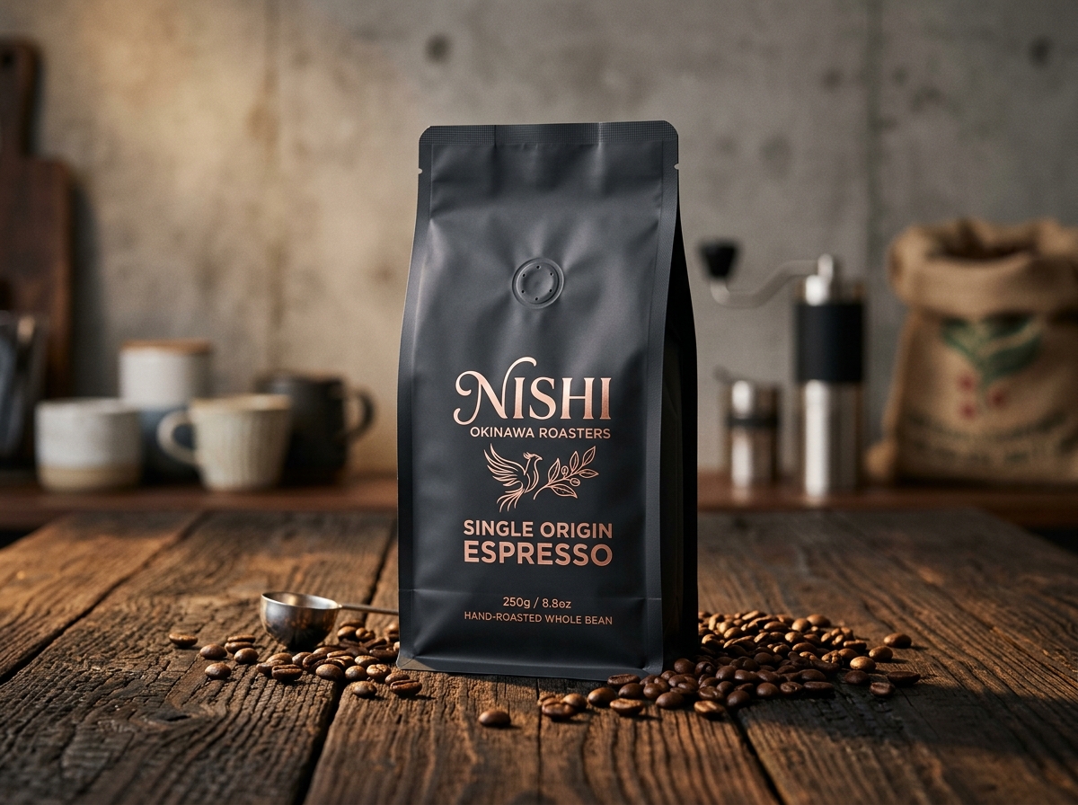 Kreoto AI - Premium Coffee Pouch on Shou Sugi Ban Charred Wood with Beans